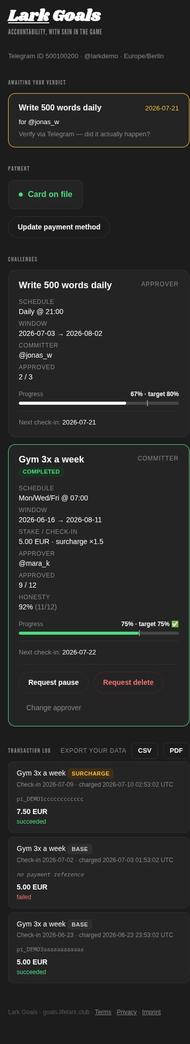 The Lark Goals dashboard on a phone: a check-in awaiting the user's verdict, the payment section, two challenge cards with progress and honesty score, and the transaction log.
